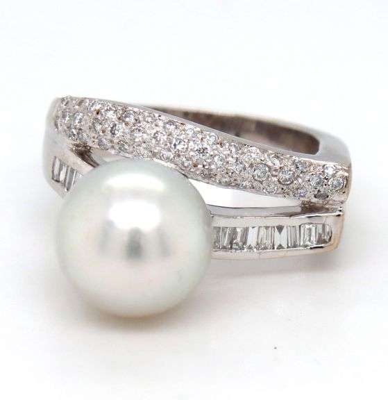 18kt White gold 10mm pearl and channel set baguette and diamond pave abstract ring