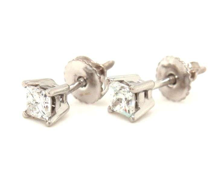 One pair of 18kt white gold 0.48ctw princess cut diamond stud earrings