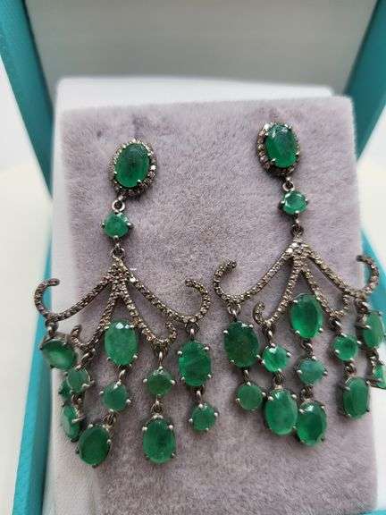Very high quality hand made emerald and diamonds on silver earrings