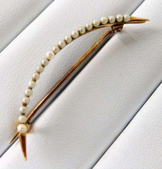 Antique 14K Gold & Pearls Crescent Moon Pin