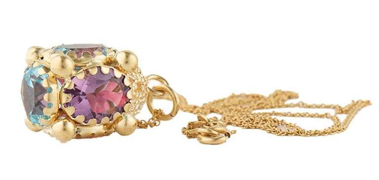 Multi Gemstone Lantern Style Pendant Necklace in 14K