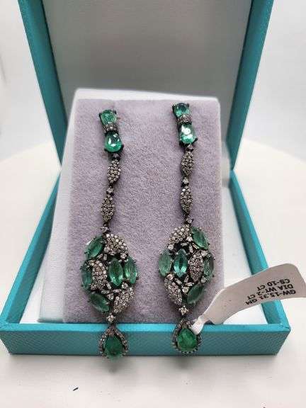 Very high quality hand made emerald and diamonds on silver earrings