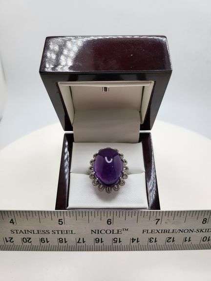 Extremely fine Victorian natural cabochon amethyst in center and diamonds ring on silver