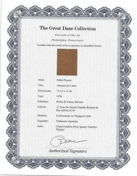 Rare Pablo Picasso Embossment on Harpgaon Cloth from Chant Funèbre pour Ignacio Sánchez Mejías, 1976