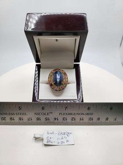 Extremely fine Victorian natural cabochon sapphire in center and diamonds ring on silver