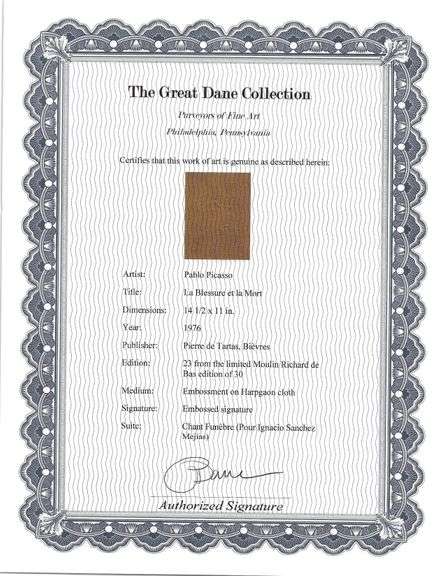 Rare Pablo Picasso Embossment on Harpgaon Cloth from Chant Funèbre pour Ignacio Sánchez Mejías, 1976