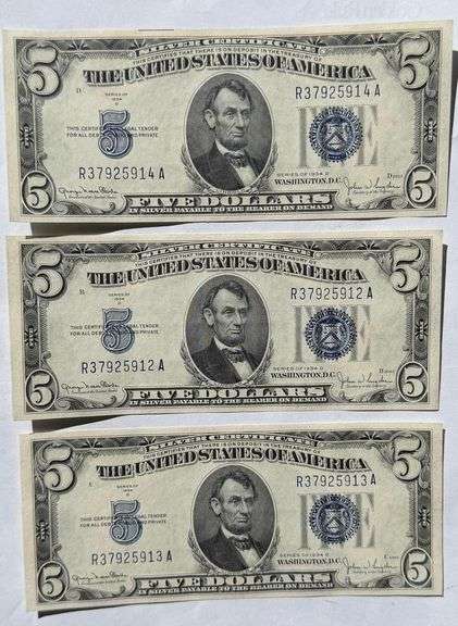 Three Consecutive Unc 1934 D Silver Certificates.