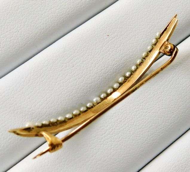 Antique 14K Gold & Pearls Crescent Moon Pin