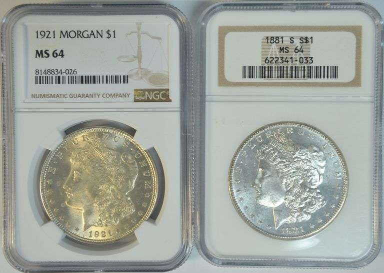 Pair of near Gem BU NGC MS64 graded 1881-S & 1921 Morgan Silver Dollars
