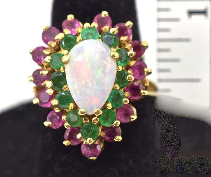 Colorful 18K Yellow Gold Opal, Emerald & Ruby Ring