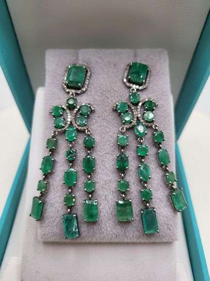 Very high quality hand made emerald and diamonds on silver earrings