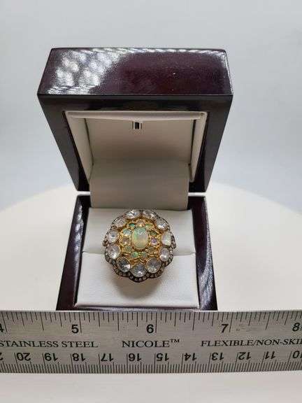 Extremely fine Victorian natural opal, diamonds ring on silver