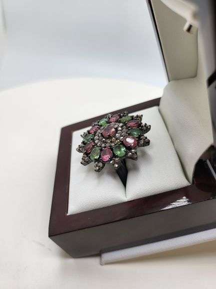 Extremely fine Victorian natural multi sapphire, diamonds ring on silver