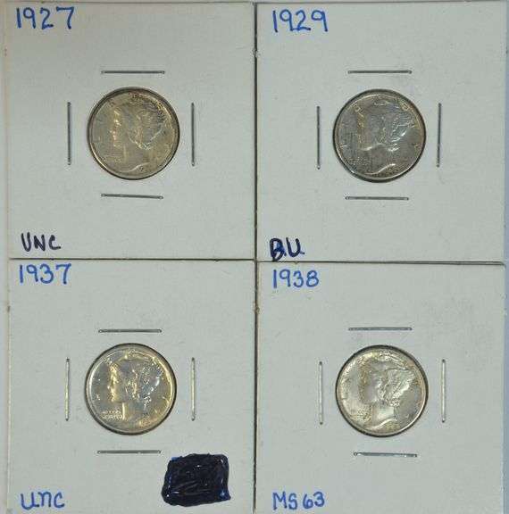 Run of 4 different nice Uncirculated Mercury Dimes 1927 to 1938
