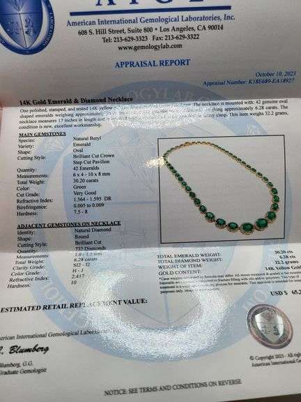 Extremely fine 32.2G of 14k gold and 30.20 ctw GGA certfied  Emerald and diamond necklace
