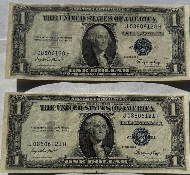 Two 1935 E $1 Consecutive Unc Silver Certificates.