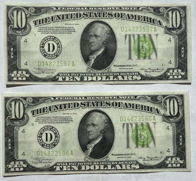 Two Clean $10 AU Cons 1934 Fed Reserve Notes