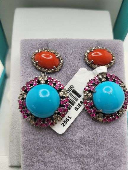 Extremely fine Victorian turquoise and diamonds with sapphire and coral earrings