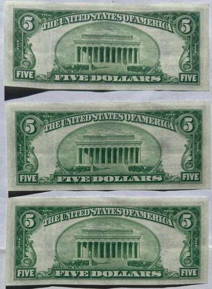 Three Consecutive $5 1934 Silver Certificates Near Unc