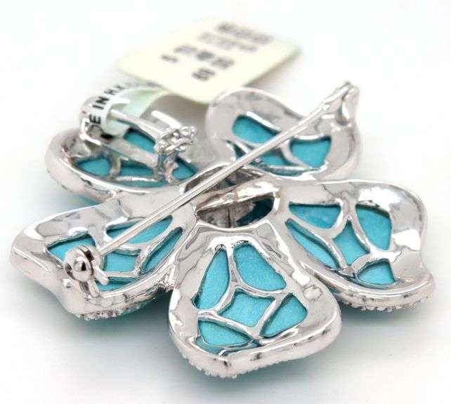 14kt White gold 0.53ctw diamond pave and turquoise flower brooch pendant