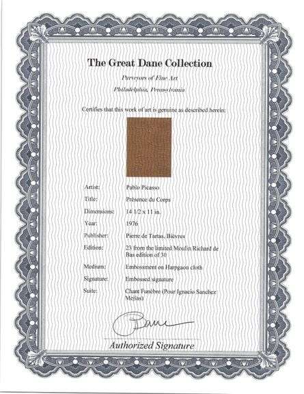 Rare Pablo Picasso Embossment on Harpgaon Cloth from Chant Funèbre pour Ignacio Sánchez Mejías, 1976