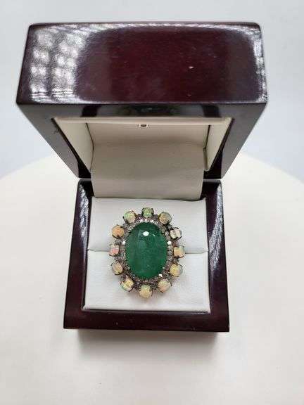 Extremely fine Victorian emerald , opal and diamonds ring on silver