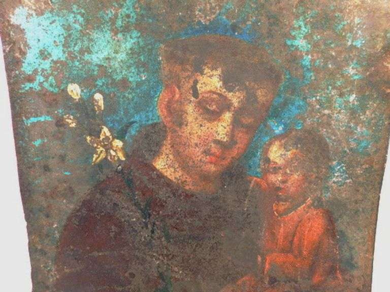 Antique Mexican Retablo Painting on Tin, St. Nicholas