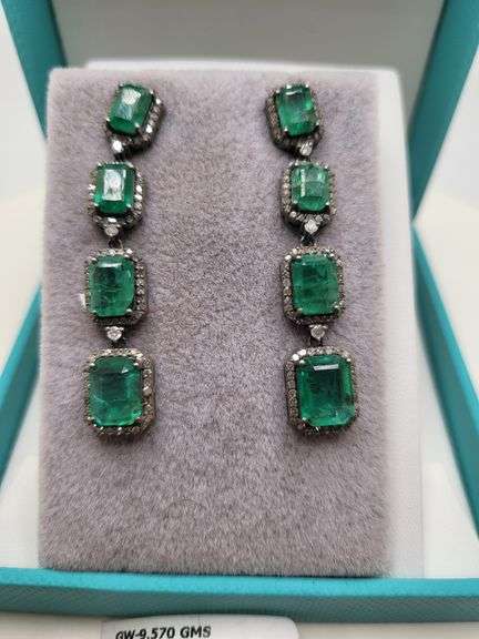 Very high quality hand made emerald and diamonds on silver earrings