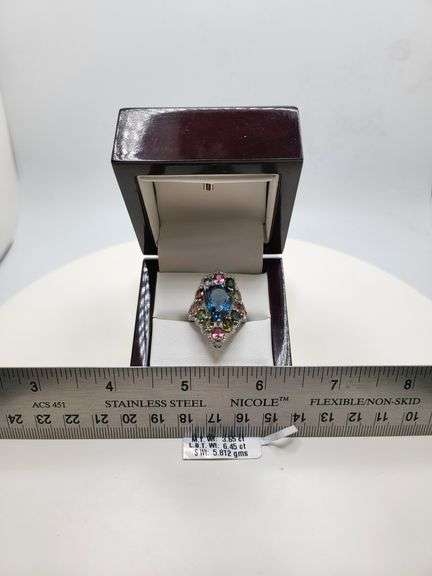 Extremely fine Victorian natural blue topaz sapphire accent and diamonds ring on silver