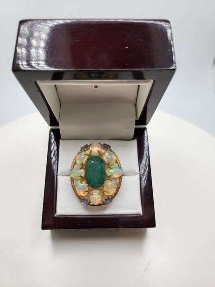 Extremely fine Victorian emerald , opal and diamonds ring on silver