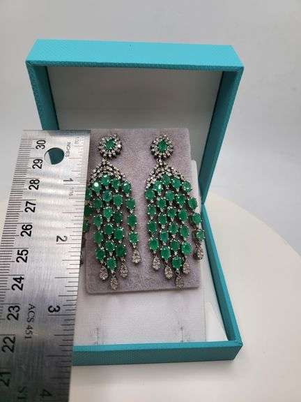 Very high quality hand made emerald and diamonds on silver earrings