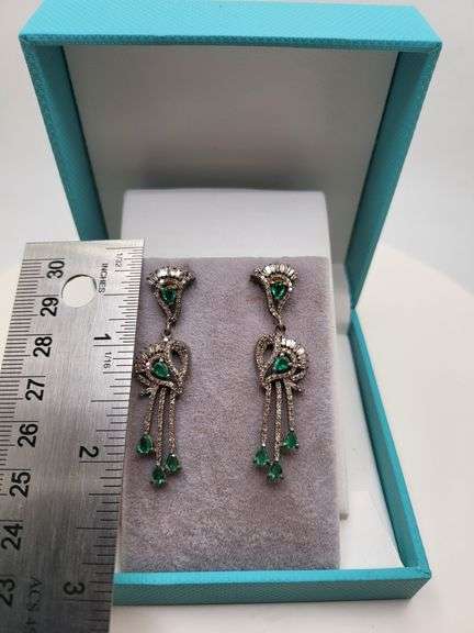 Very high quality hand made emerald and diamonds on silver earrings