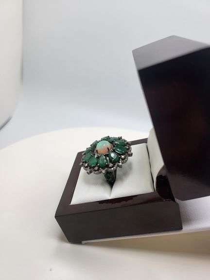 Extremely fine Victorian natural Emerald and diamonds and opal ring on silver