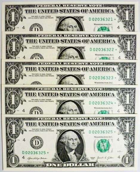 (5) Superb Crisp $1 2021 Star Replacement Notes Cleveland-Consecutive!!