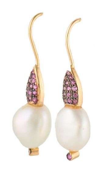 Pink Sapphire and Baroque Pearl Fish Hoop Earrings in 18K