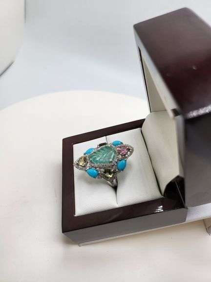 Extremely fine Victorian turquoise and multi sapphire diamond ring on silver