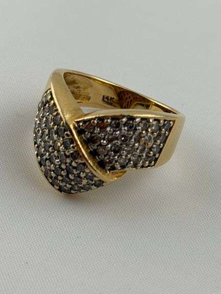 14KT Yellow Gold Bypass Design With Pave Diamon Ring