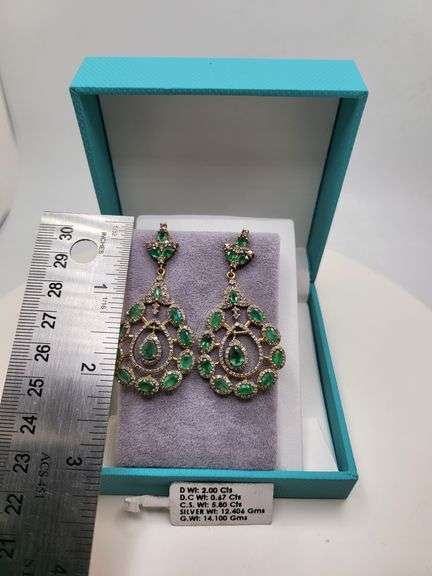 Very high quality hand made emerald and diamonds on silver earrings