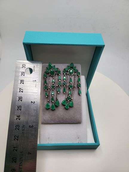 Very high quality hand made emerald and diamonds on silver earrings