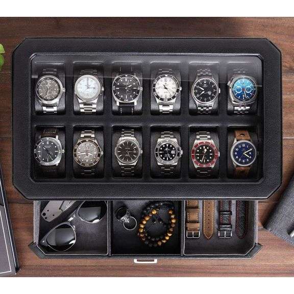 12-Slot Leather Watch Box with Valet Drawer
