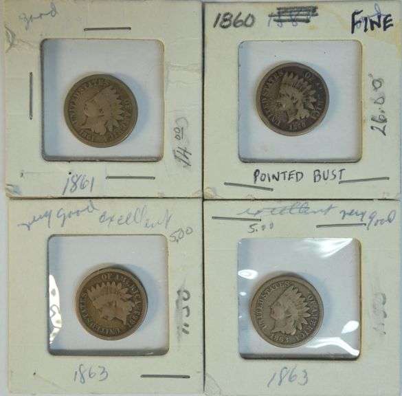1860 Pointed Bust in Fine, scarce 1861 & 2 1863 Indian Head Cents in Good