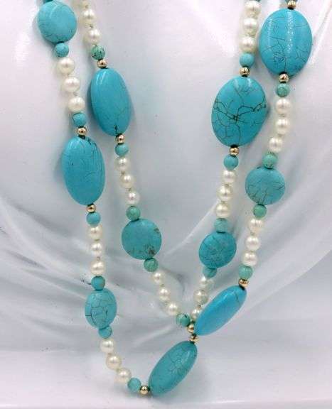 Oval Composite turquoise, pearl and gold bead two row necklace