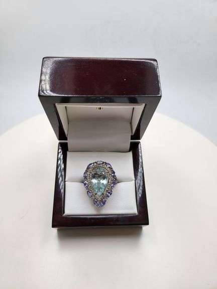 Extremely fine Victorian natural blue topaz and diamonds ring on silver