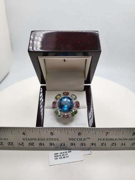Extremely fine Victorian natural topaz, multi sapphire, diamonds ring on silver