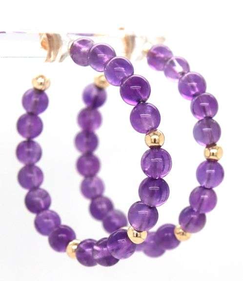 14kt Yellow gold amethyst and gold ball hoop earrings