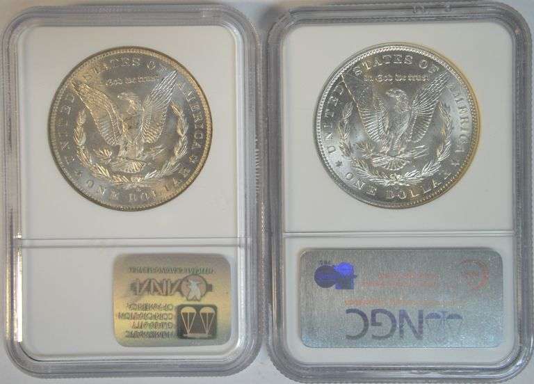 Frosty-white 1884-O & 1899-O Morgan Silver Dollars. NGC MS64