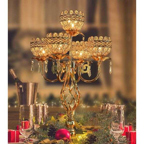 Gold Candelabra Centerpiece with Crystal Pendants