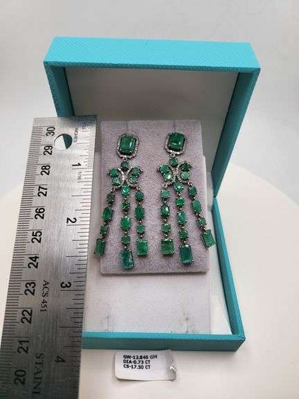 Very high quality hand made emerald and diamonds on silver earrings