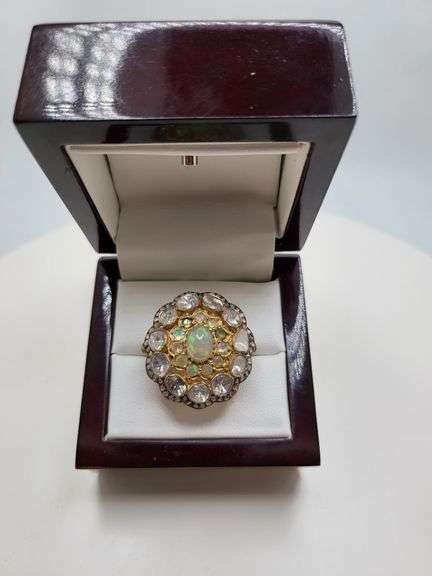 Extremely fine Victorian natural opal, diamonds ring on silver
