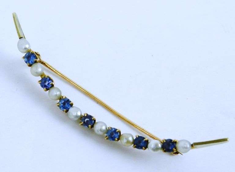 Antique 14K Gold Blue Topaz & Pearls Moon Brooch